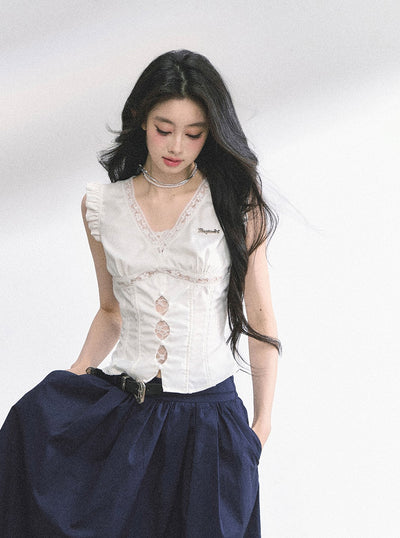 V-neck Lace Small Flying Sleeve Shirt DIA0523