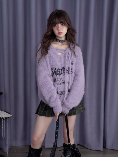 Fluffy Purple Rabbit V-neck Imitation Mink Loose Sweater SAG0198