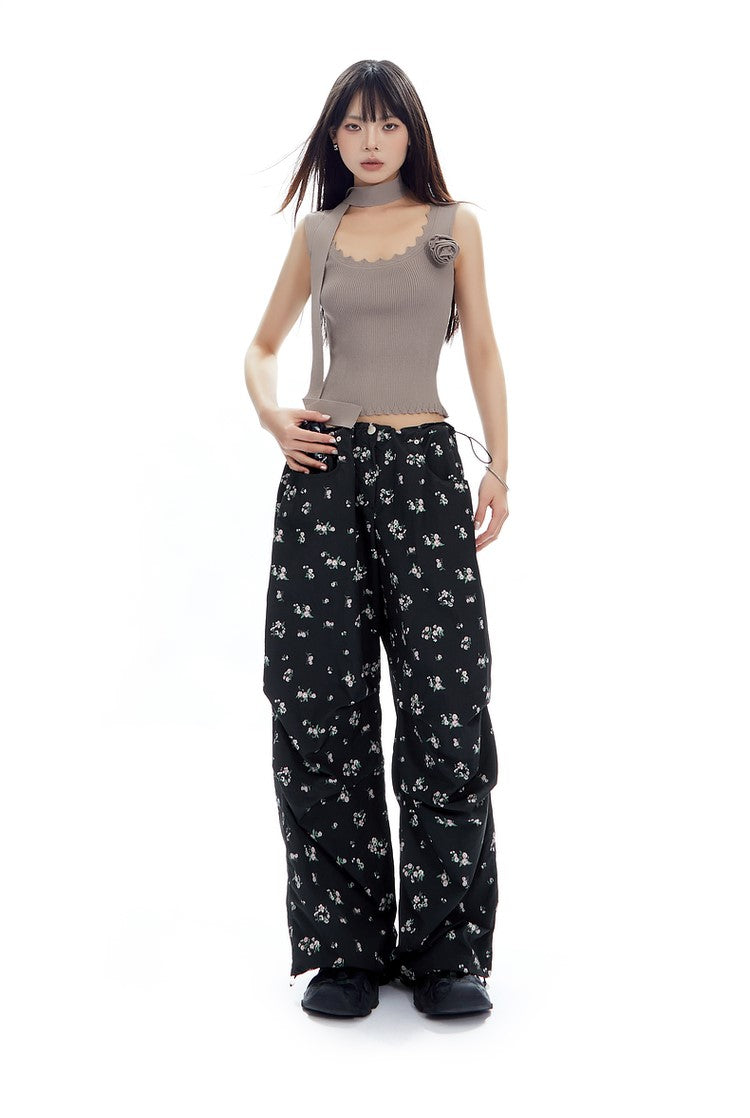 Floral Drawstring Loose Straight Versatile Wide-leg Pants APE0314