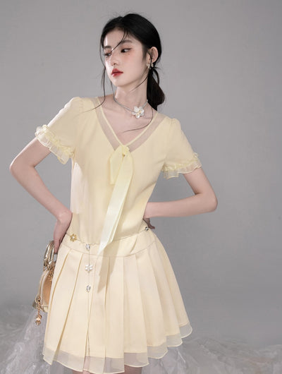 Honey Yellow Pleated Mesh Dress COT0321