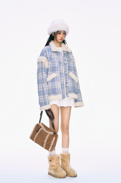 Fur Collar Blue Plaid Jacket PUN0035