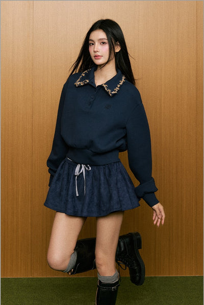 Loose-fitting Luxurious Braided Lapel POLO Sweatshirt/Skirt AGM0074