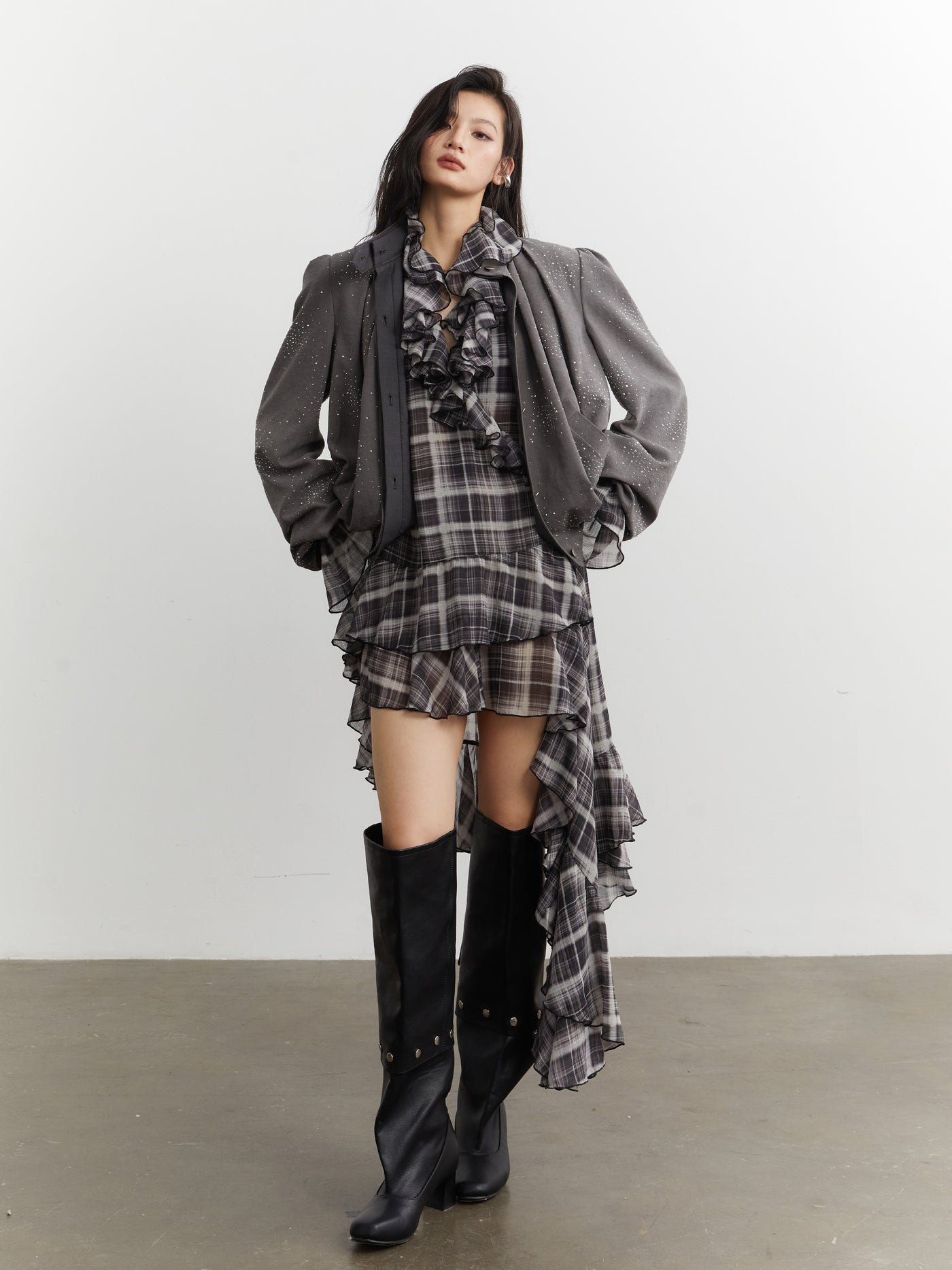 Ruffled Asymmetrical Plaid Shirt Dress JNY0254