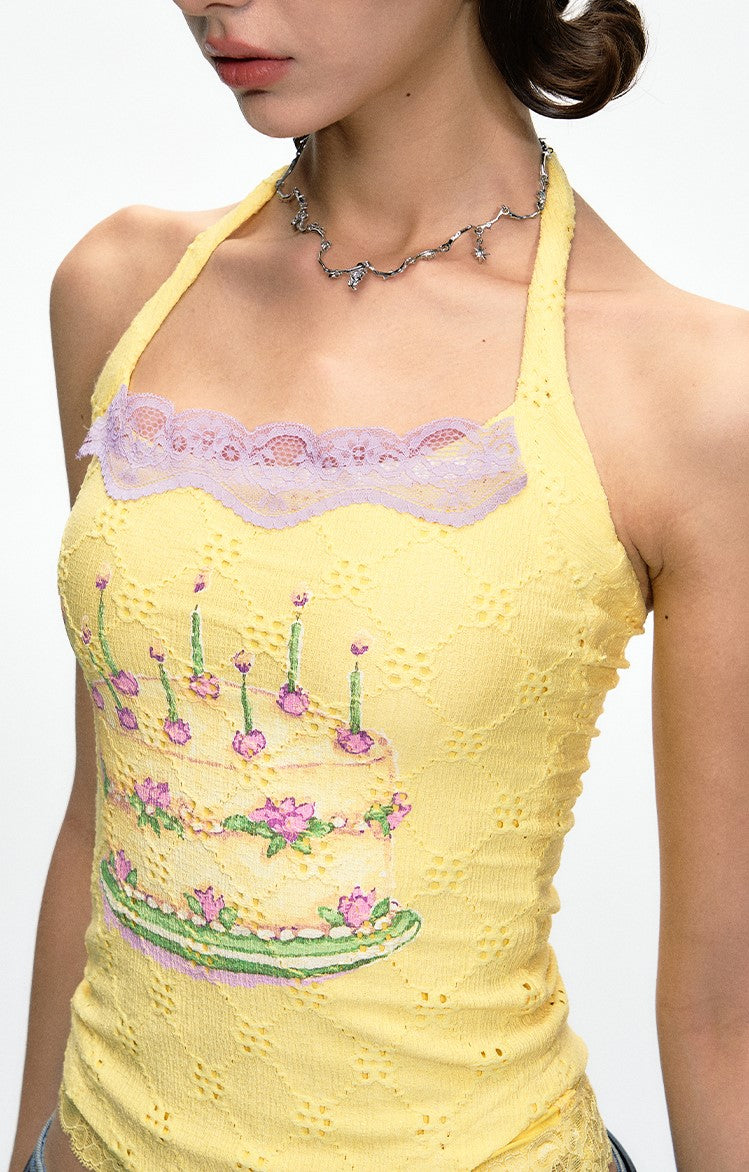 Light Yellow Cake Double Lace Backless Halter Neck Top DPR0047