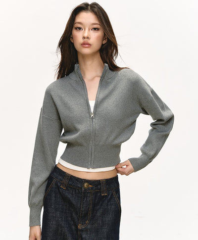 Stand Collar Zipper Knitted Short Cardigan ANA0096