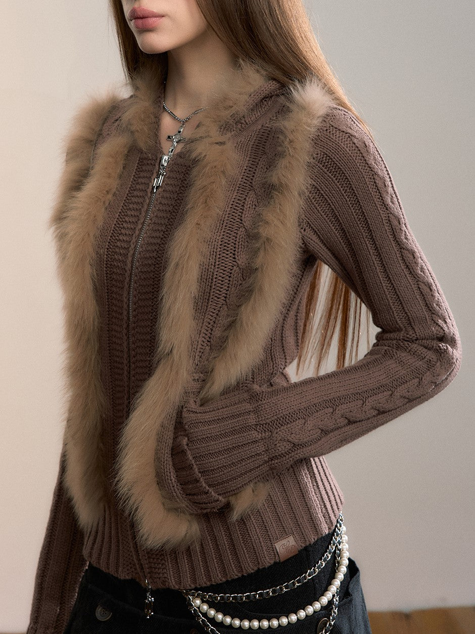 Fur Patchwork Knitted Hooded Cardigan VIA0356