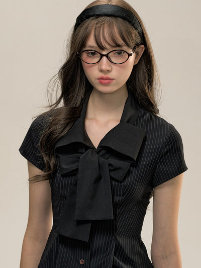 Black Stripe College Bow Tie Short Sleeve Shirt SUN0078