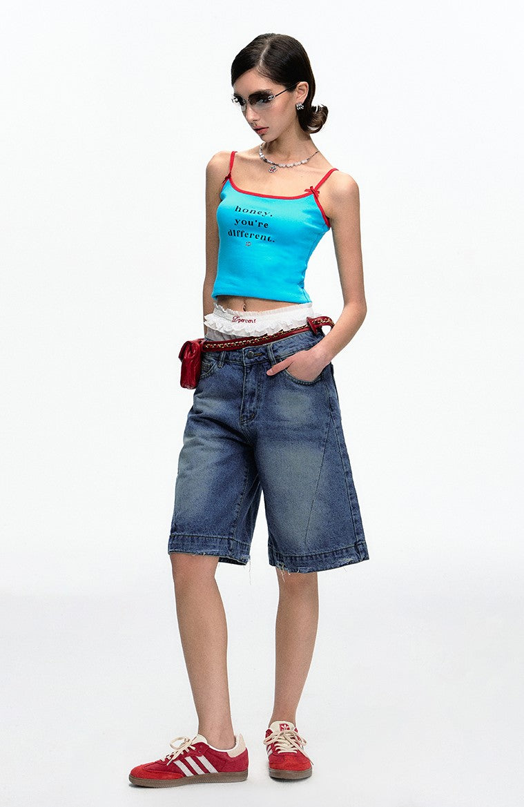 Blue Retro Washed Loose Versatile Wide-leg Short Jeans DPR0055