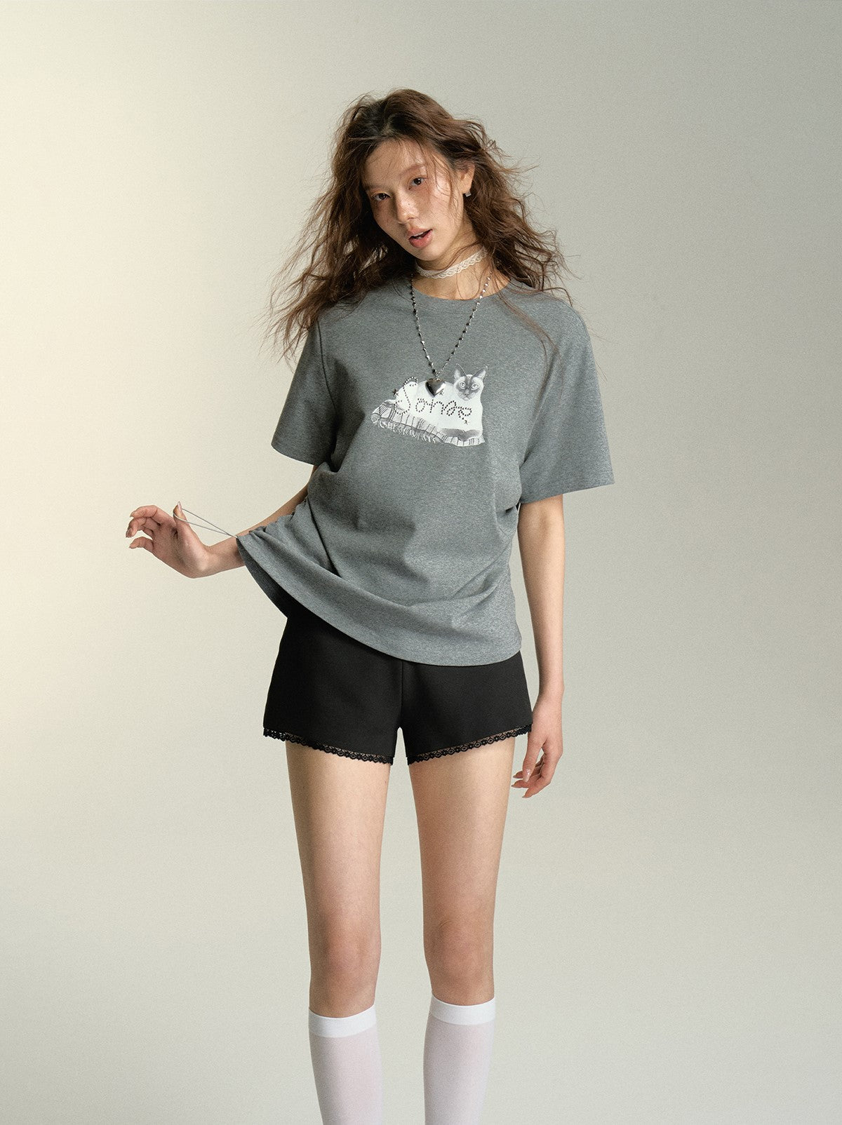 Lazy Cat Drawstring Short-sleeved T-shirt SOM0033