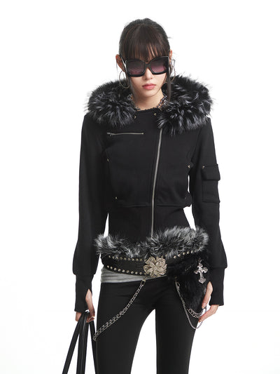 Black Fur-Collar Hooded Sweatshirt Short Jacket UNC0325