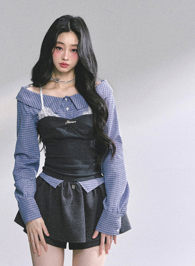 Fake Two-piece Plaid Lace Shirt DIA0573