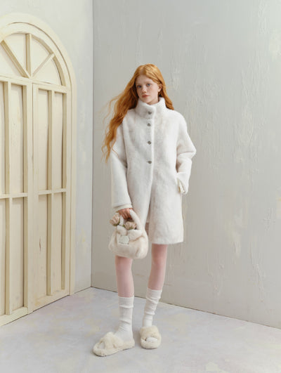 White Cross Half High Collar Eco-friendly Fur Long Coat SAL0089