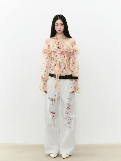 Large Hole Casual Rhinestone Jeans VIA0275
