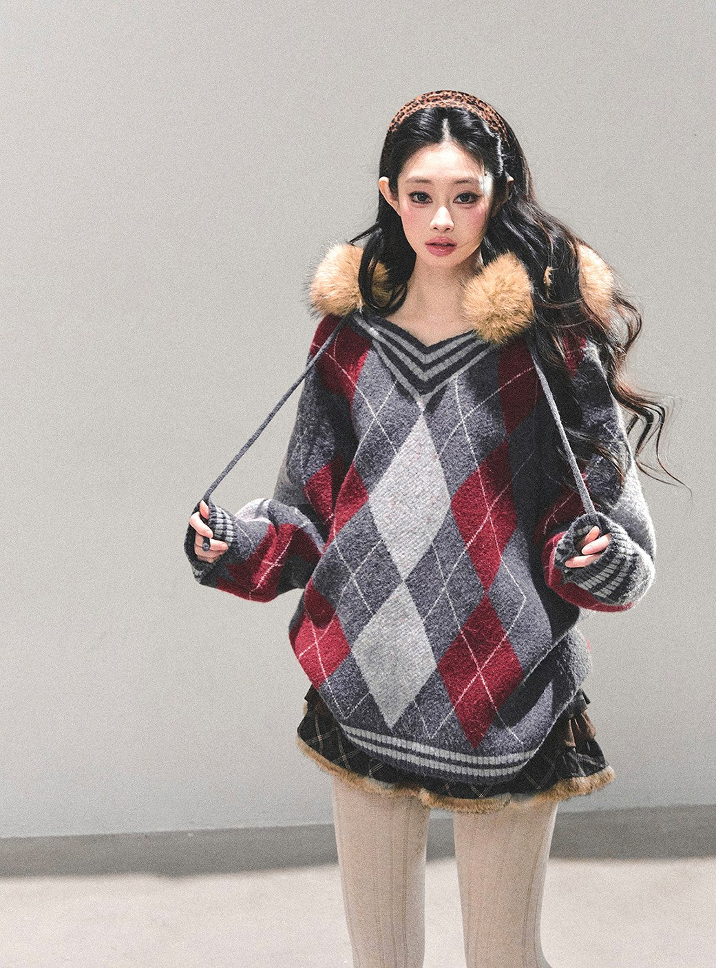 American Preppy Style Fur-Collar Argyle Sweater DIA0696