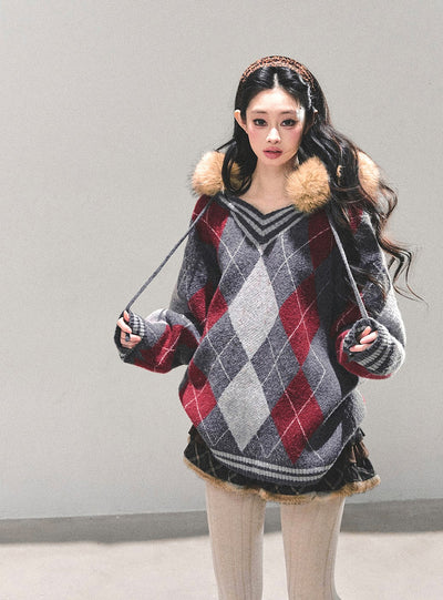 American Preppy Style Fur-Collar Argyle Sweater DIA0696