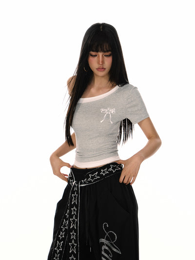 Bow Print Fake Two-piece One Shoulder T-shirt ACM0086