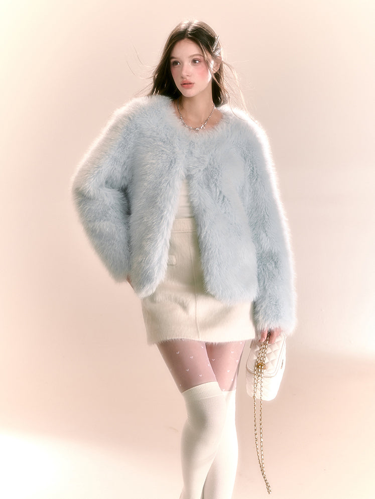 Luxury Wear Small Imitation Fur Blue Short Coat QDQ0104