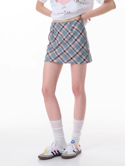 American Retro High Waist Slim Pink Blue A-line Plaid Short Skirt ZIZ0130