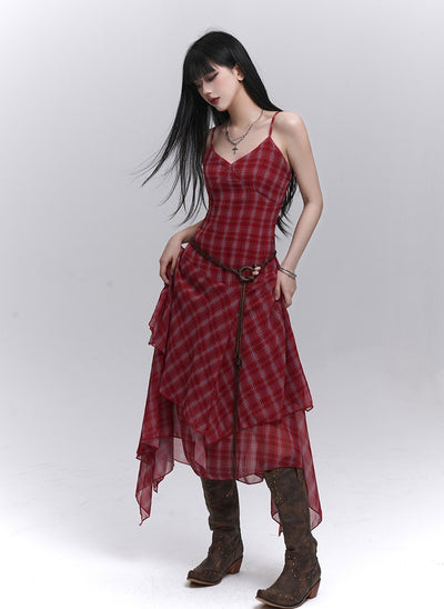 Irregular Hem Plaid Suspender Dress LAD0186