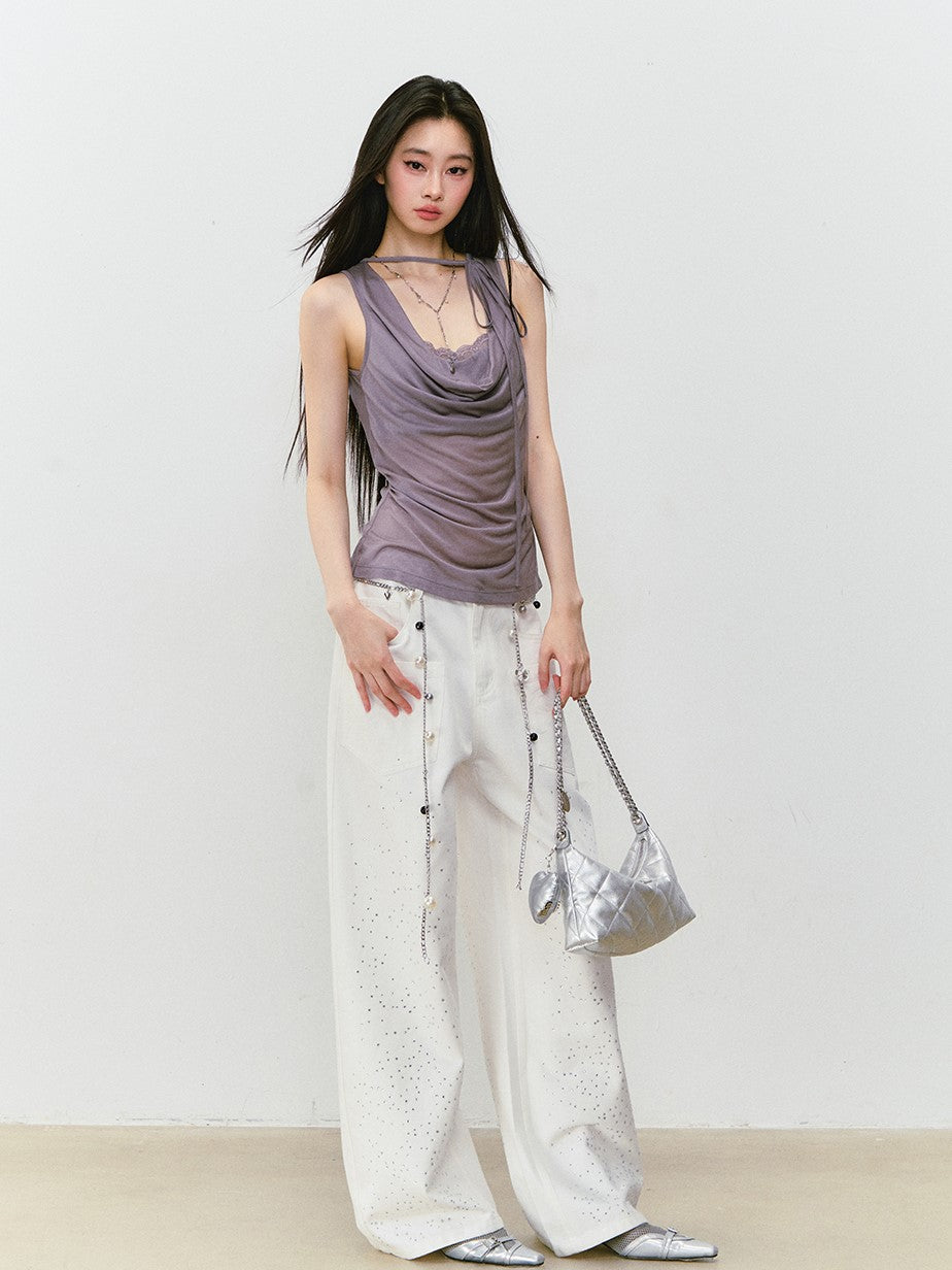 Spliced Lace Sling Collar Top VIA0311