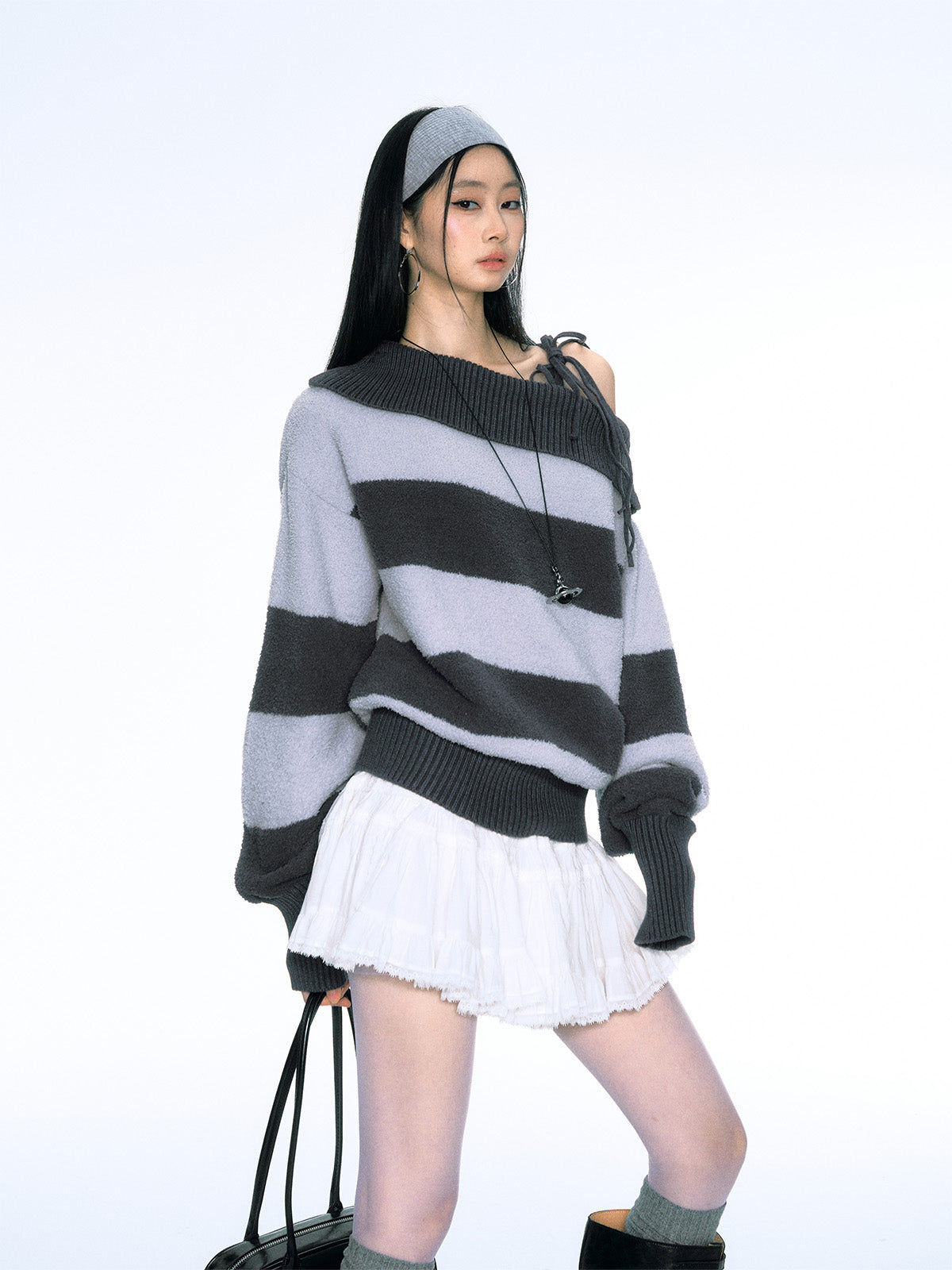 Retro Loose Striped Coral Fleece Contrast Knitted Sweater CUR0162