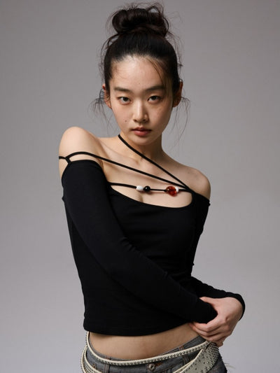 One-shoulder Beaded Strap T-shirt JIN0035