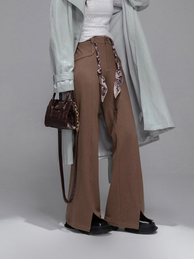 Chestnut Brown Scarf Belt Flared Pants COT0360