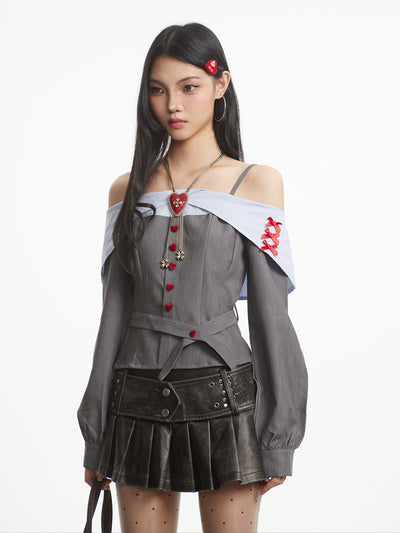 Off-Shoulder Heart Button Long-Sleeved Shirt UNC0318