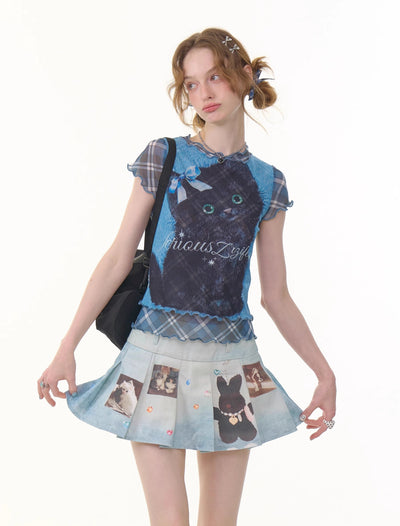 Plaid Fake Two-piece Cat Print T-shirt ZIZ0278
