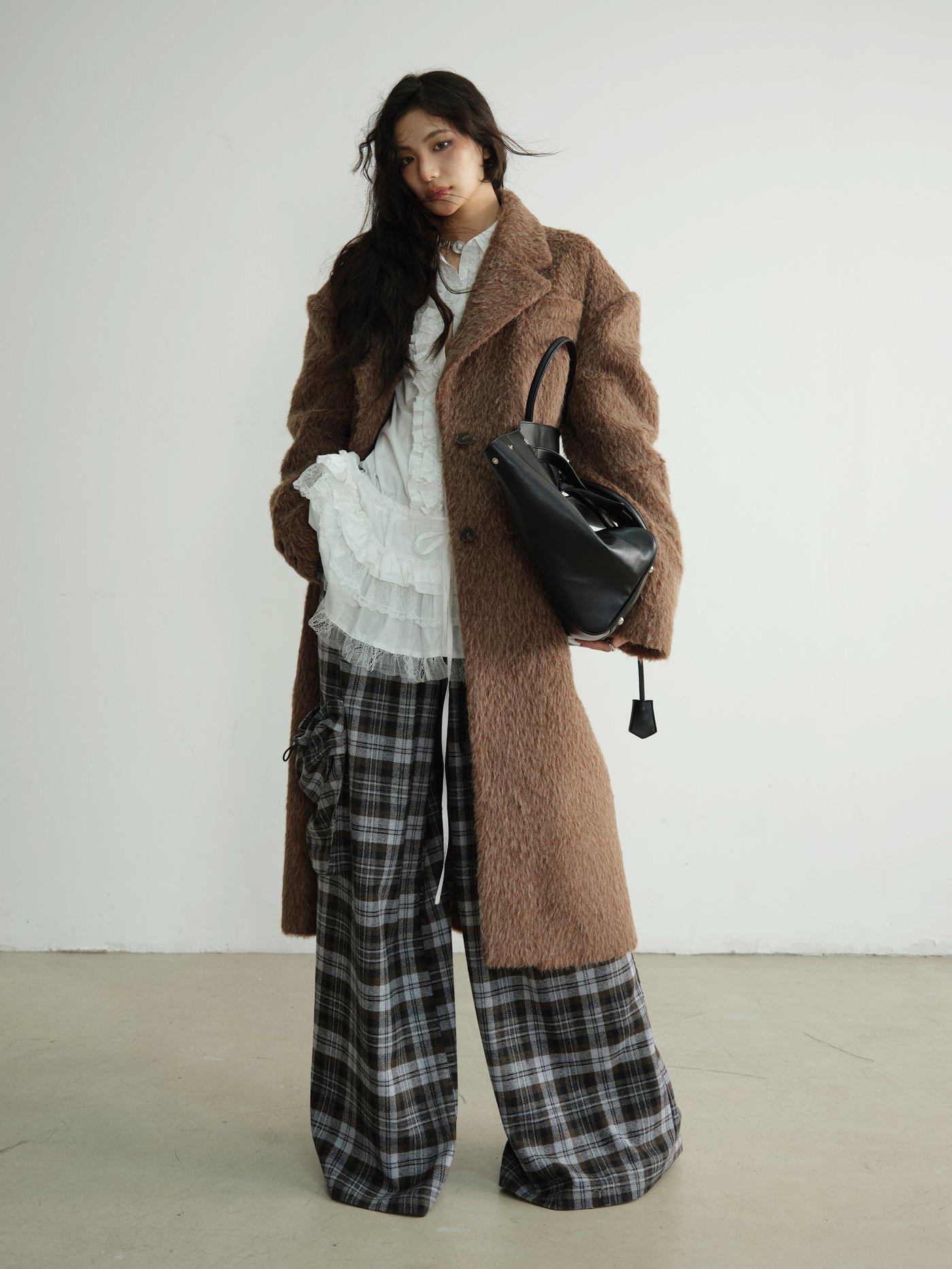 Lazy Relaxed Three-dimensional Large Pocket Plaid Wide-leg Pants JNY0188