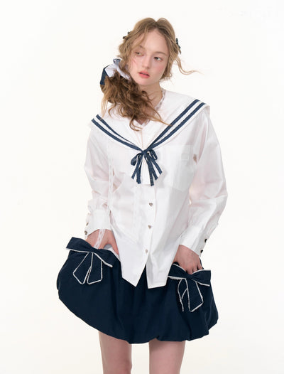 Navy Collar Lace Long-sleeved Shirt ZIZ0299