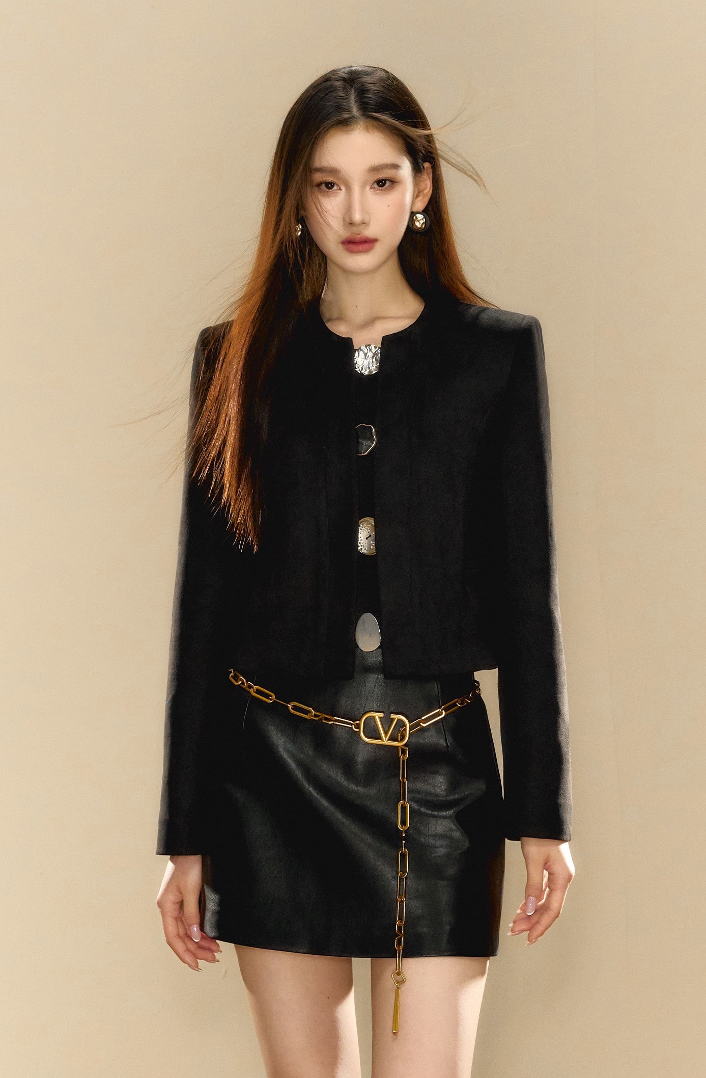 Suede Black Special-shaped Button Short Jacket OSH0073