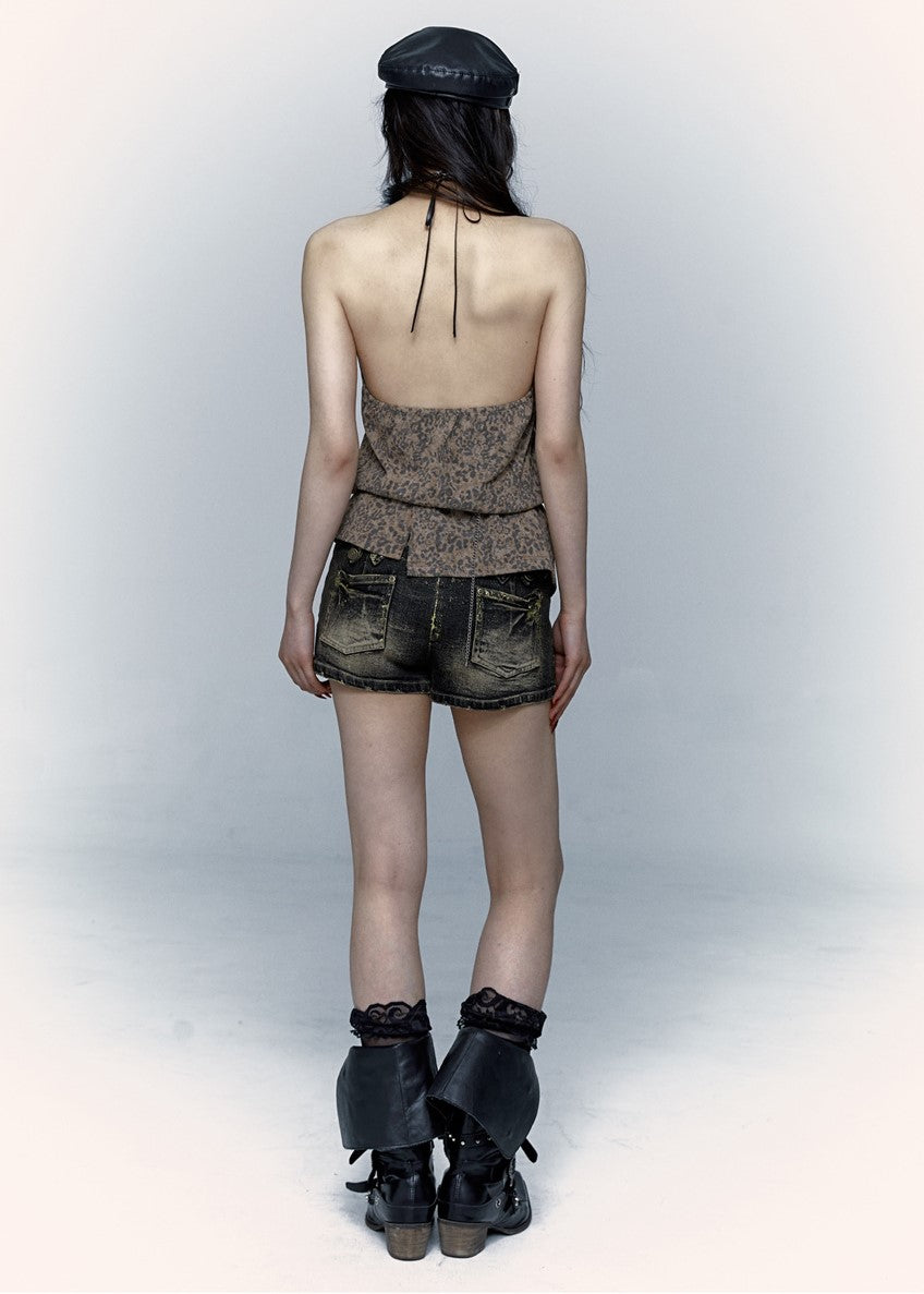 Punk Street Rock Embroidery Leopard Print Halter Vest NOR0067