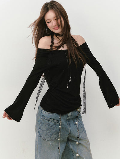 One-shoulder Backless Beaded T-shirt VIA0281
