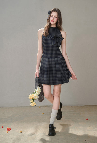 Bow Halter Neck Plaid Pleated Dress GRO0175