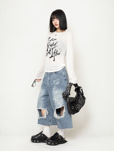 Lazy Style Letter Pullover Mesh Long Sleeves T-shirt ZER0232