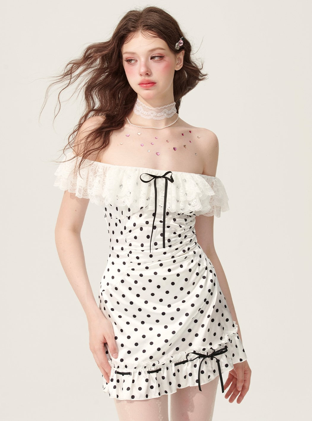 White Polka Dot Lace One Shoulder Dress DIA0177