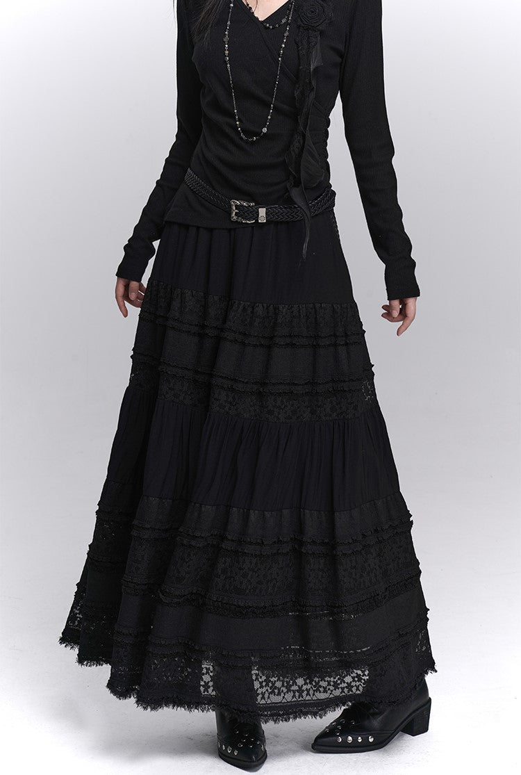 Black Lace A-line Long Skirt LAD0235