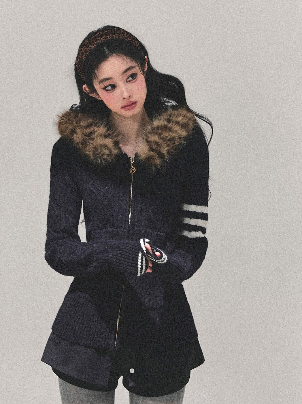 Fur Hooded Knit Cardigan DIA0705