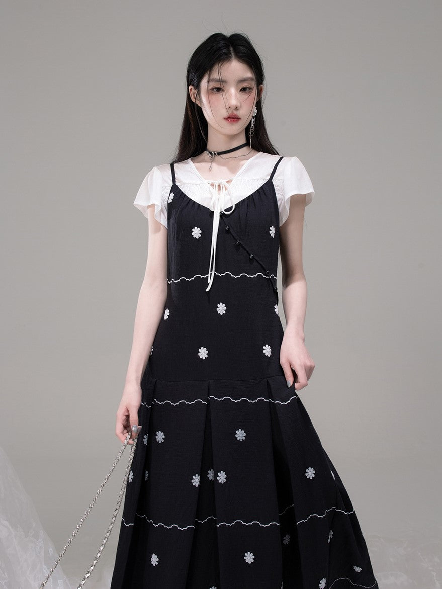 V-neck Shirt+Pleated Black Printed Dress COT0302