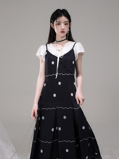 V-neck Shirt+Pleated Black Printed Dress COT0302