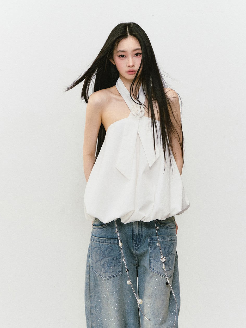 Rose Tie Fluffy Halter Neck Top VIA0301