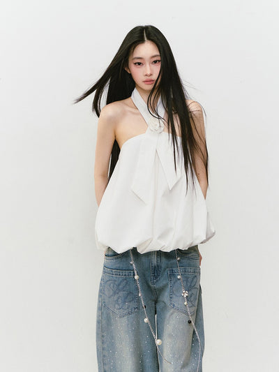 Rose Tie Fluffy Halter Neck Top VIA0301