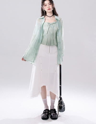 Green Transparent Shirt+Bow Sleeveless Top COT0250