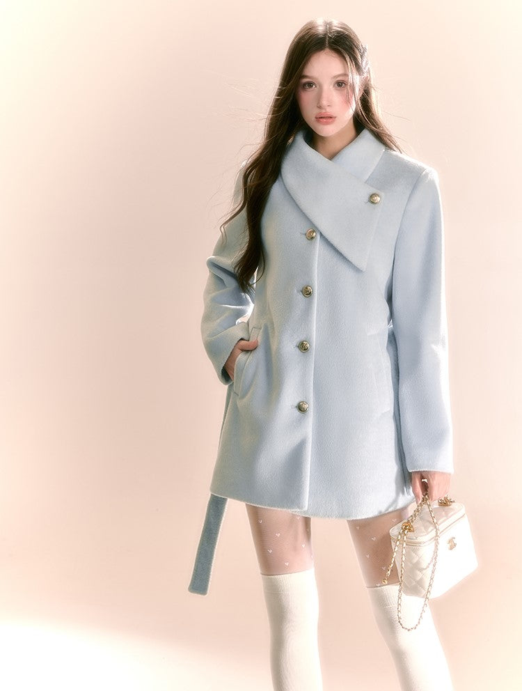 High-end Sweet Thick Waist Blue Woolen Coat QDQ0088