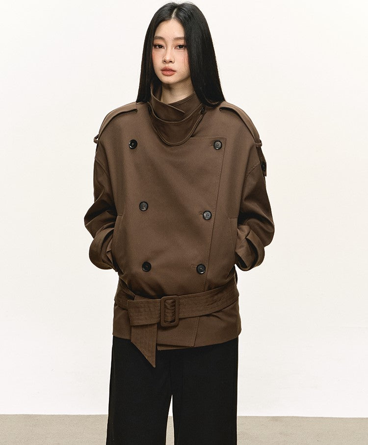 Dark Brown Stand Collar Short Trench Coat ANA0112