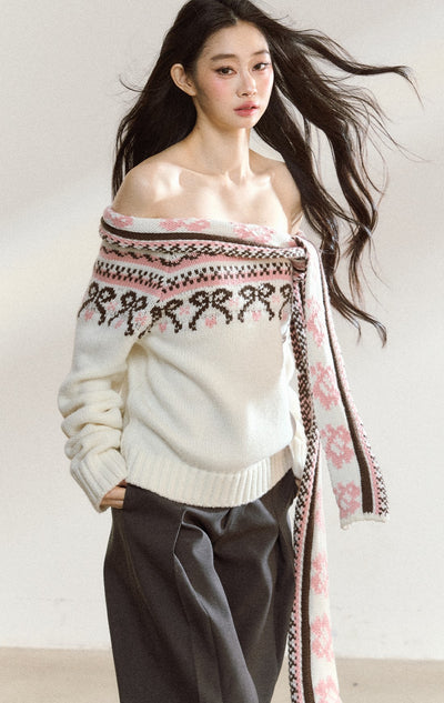 White Off-shoulder Jacquard Sweater SHI0219