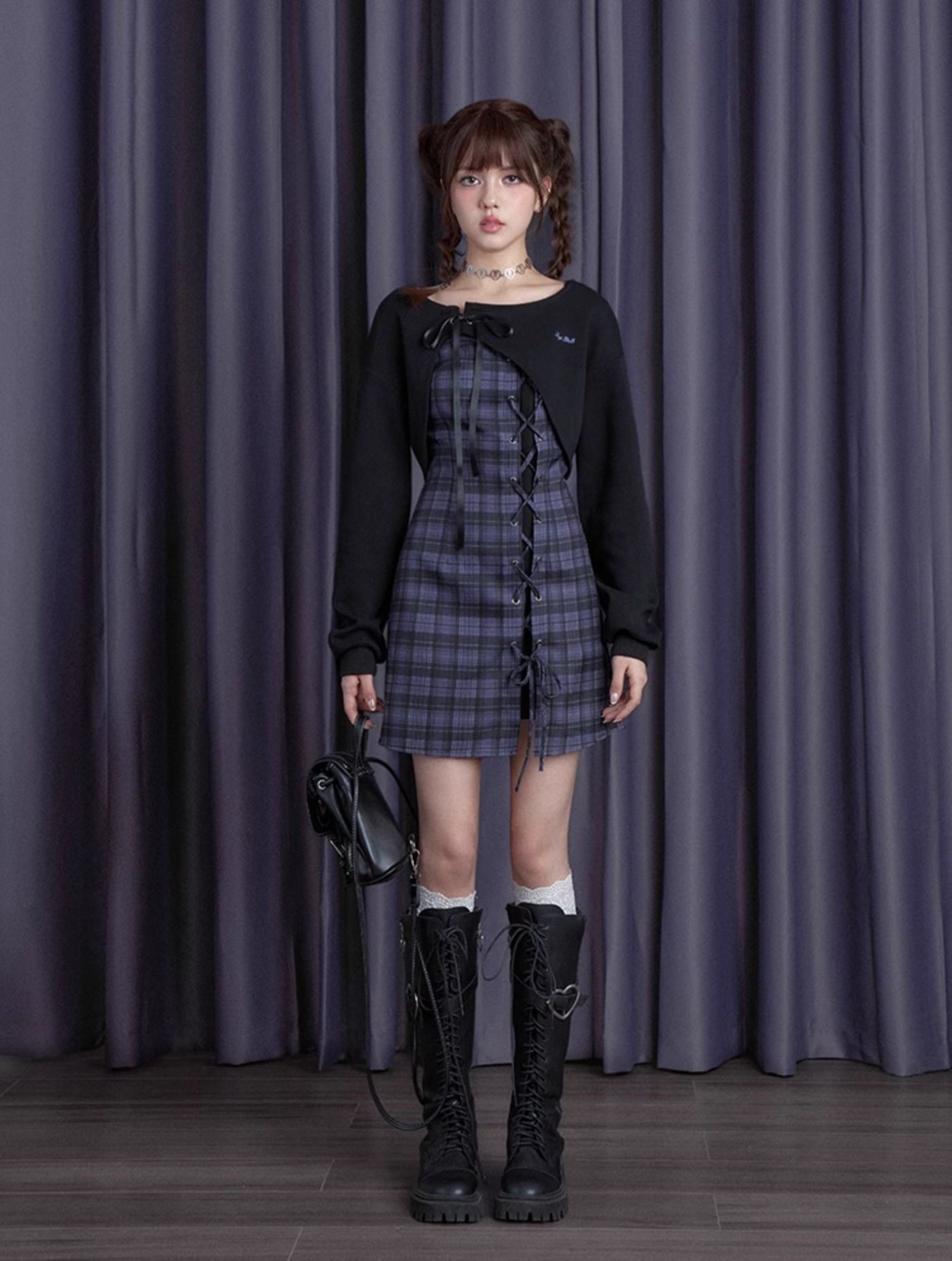 Blueberry Purple Checkered Dress/Black Short Cardigan SAG0193