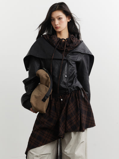 Plaid Stitching Leather Jacket+Skirt JNY0251