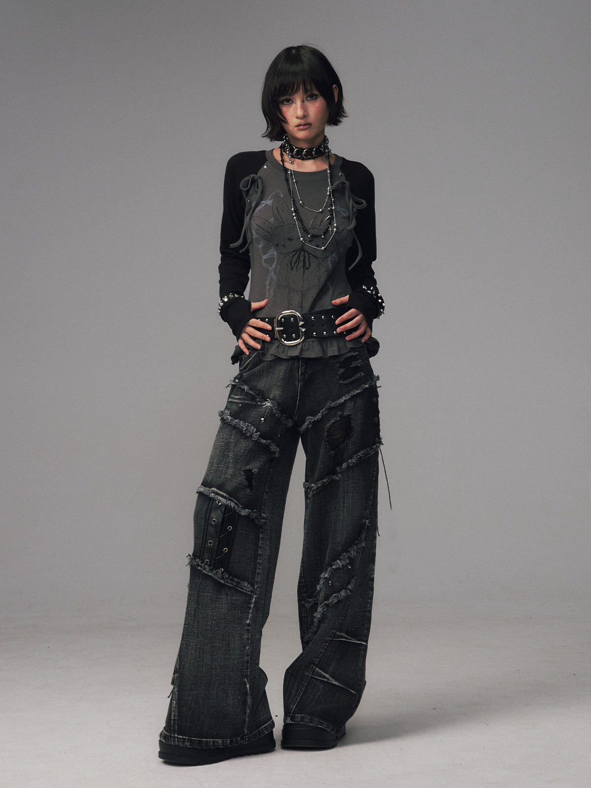 Street Punk Lace-up Studded Jeans FRU0124